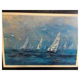 Sailboat Seascape Art Print - Framed Blue Ocean Scene, Signed Sailboat Seascape Art Print - Framed Blue Ocean Scene, Signed