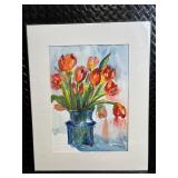 Tulips in Blue Vase - Watercolor Floral Painting, Signed Tulips in Blue Vase - Watercolor Floral Painting, Signed