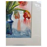 Tulips in Blue Vase - Watercolor Floral Painting, Signed Tulips in Blue Vase - Watercolor Floral Painting, Signed