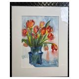 Tulips in Blue Vase - Watercolor Floral Painting, Signed Tulips in Blue Vase - Watercolor Floral Painting, Signed