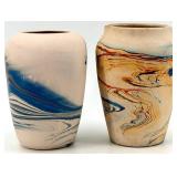Nemadji Pottery - American Southwest Pottery Vases - Hand Made Hand Painted Marbled Blue & Tan (Lot of 2)