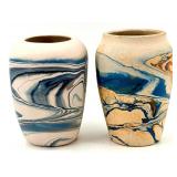 Nemadji Pottery - American Southwest Pottery Vases - Hand Made Hand Painted Marbled Blue & Tan (Lot of 2)