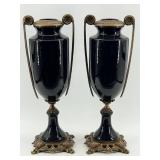 Pair of Neoclassical French-Style Black Vases / Urns with Gilt-Bronze Mounts