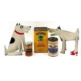 Acme Animal Metal Dog Figurines & 3 Vintage Tins - Sudan Pepper Tin, Bronze Powder Works Tin, Ten-Eighty Eraser Tin