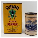 Acme Animal Metal Dog Figurines & 3 Vintage Tins - Sudan Pepper Tin, Bronze Powder Works Tin, Ten-Eighty Eraser Tin