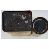 Acme Animal Metal Dog Figurines & 3 Vintage Tins - Sudan Pepper Tin, Bronze Powder Works Tin, Ten-Eighty Eraser Tin