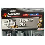 Performance Tool W39000 45-Piece Stubby Set - Dual Drive Ratchet 1/4 & 3/8 -NIB