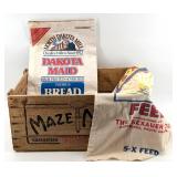 Vintage Advertising Packaging - Maze Nails Crate with Dakota Maid Bread Flour Bag & S-X Feed Bag