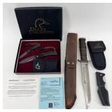 3 Knife Set Including -Gerber 600 Fixed Blade Knife Portland -USA with Sheath, U.S.N. MARK 2 & Ducks Unlimited Box Set
