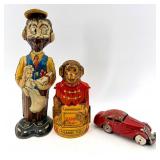 1937 Marx B.O. Plenty Walker Tin Figure & J. Chein Tin Monkey Bank & Schuco Red Tin Car