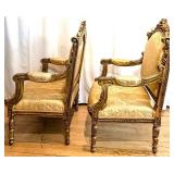 Vintage Rococo Revival Armchairs - Pair, Gilded Carved Frames & Damask Upholstery