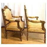 Vintage Rococo Revival Armchairs - Pair, Gilded Carved Frames & Damask Upholstery