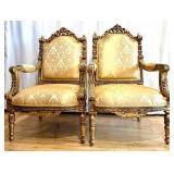 Vintage Rococo Revival Armchairs - Pair, Gilded Carved Frames & Damask Upholstery