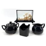 Hall Pottery Sugar & Creamer Set - Cork Carving Under Glass Diorama - Sugar Packet Caddy