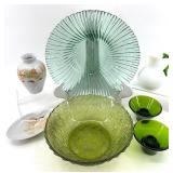 Chodziez Vase, Floral Dish, Emerald Green Glass Bowls & Teal Ribbed Plate