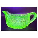 Vintage Creamer Pitcher - Uranium Glass - Green Diamond Cut Pattern