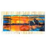 Signed Five-Panel Wall Art - Flamingos Sunset