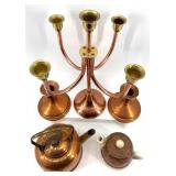 Vintage Copper Candelabra Five-Arm Centerpiece with Teapots Set, Made in England