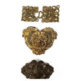 Antique Filigree Buckles - 3 Pairs, Brass Tone, Floral Openwork