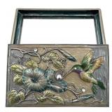 Vintage Metal Jewelry Box with Enamel Floral & Hummingbird Motif and Copper Engraving Plate