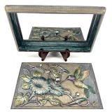 Vintage Metal Jewelry Box with Enamel Floral & Hummingbird Motif and Copper Engraving Plate