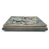 Vintage Metal Jewelry Box with Enamel Floral & Hummingbird Motif and Copper Engraving Plate