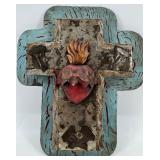 Sacred Heart Cross Wall Plaque - Distressed Turquoise Wood & Metal Overlay