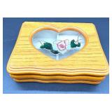 White Rose Relief Ceramic Bowl & Wooden Heart Window Jewelry Box