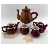 Hall Burgundy 4-Cup Teapot - Creamer & Sugar Bowl & Wooden Teapot - Made in USA