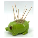 Green Ceramic Pig Toothpick Holder with Wooden Stand & Assorted Porcelain Figurines