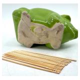 Green Ceramic Pig Toothpick Holder with Wooden Stand & Assorted Porcelain Figurines