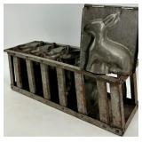 Vintage Antique Metal Bunny Chocolate Molds in Rustic Rack