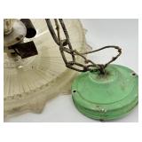 Vintage Fluted Glass Shade Ceiling Lamp with Green Base & Chain