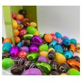 Plastic Easter Eggs & Grass - Multicolor Foil Eggs in Green Metal Tub