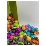 Plastic Easter Eggs & Grass - Multicolor Foil Eggs in Green Metal Tub