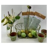 Wire Fruit Basket - Faux Eggs, Glass Vase & 3 Green Pots