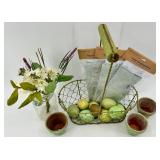 Wire Fruit Basket - Faux Eggs, Glass Vase & 3 Green Pots