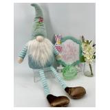 Gnome Decor Figurine with Oh Hello Spring Sign & L.E. Smith Green Glass Bunny Nesting dish