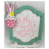 Gnome Decor Figurine with Oh Hello Spring Sign & L.E. Smith Green Glass Bunny Nesting dish