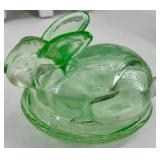 Gnome Decor Figurine with Oh Hello Spring Sign & L.E. Smith Green Glass Bunny Nesting dish