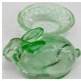 Gnome Decor Figurine with Oh Hello Spring Sign & L.E. Smith Green Glass Bunny Nesting dish