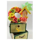 Decorative Birdhouse & Floral Arrangement On Vintage Stack Of Drawers