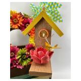 Decorative Birdhouse & Floral Arrangement On Vintage Stack Of Drawers