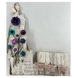 Rustic Wood Wall Art Set - Floral Panel & 3 Planter Pots