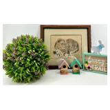 Framed Jean Haefele Rabbit Print & Pastel Birdhouse Decor Set - Bunny Trail Sign & Floral Accents