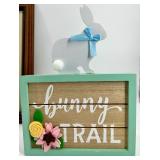 Framed Jean Haefele Rabbit Print & Pastel Birdhouse Decor Set - Bunny Trail Sign & Floral Accents