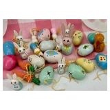 Assorted Easter Decor: Purple Glass Bunny Nesting Dish, Bunny Eggs & Gnome Figurine Set