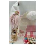 Assorted Easter Decor: Purple Glass Bunny Nesting Dish, Bunny Eggs & Gnome Figurine Set