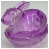 Assorted Easter Decor: Purple Glass Bunny Nesting Dish, Bunny Eggs & Gnome Figurine Set
