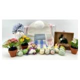 Easter Decor Set - Moss Bunny Plaque & Gnome Figurine & Painted Eggs & Flowers
